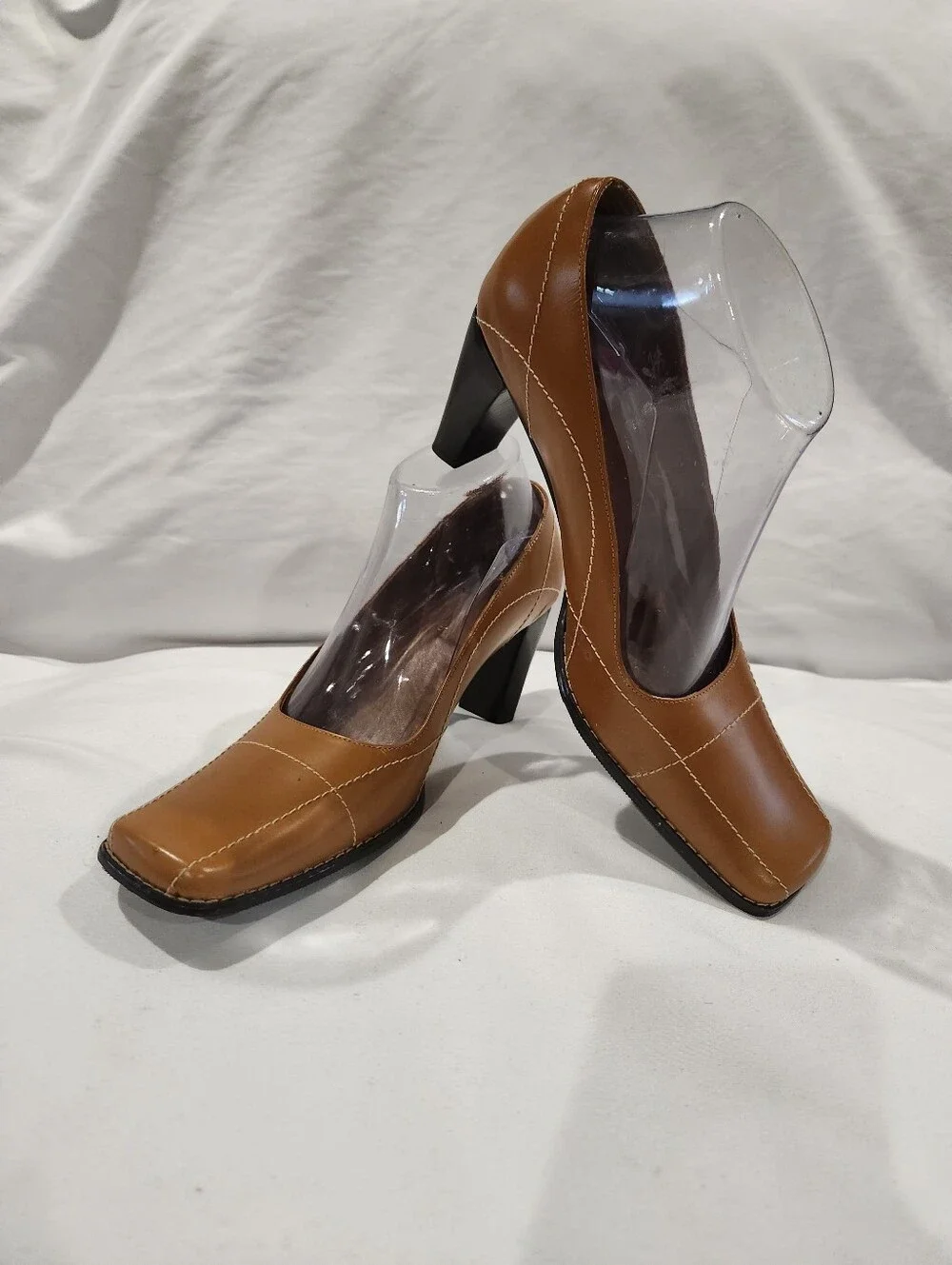 Amanda Smith Tuscany Vintage Y2K Cognac Block Heel Square Tie Pumps Size 8